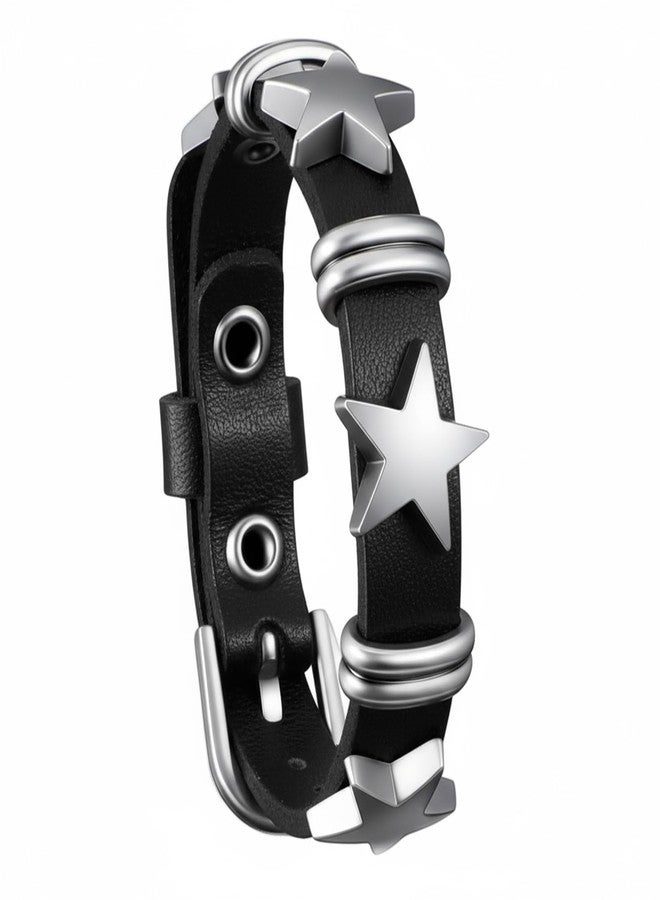 BOHUIZ Punk Leather Bracelets, Rock Alloy Star Studded Bracelet Belt, Vintage Leather Cuff Wristband with Belt Buckle Gothic Rock Bracelets Black Cuff Wristband for Women and Men(Black) - Image 1